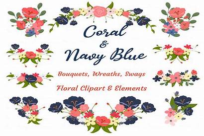 Navy Coral Sublimation Flowers Floral Clipart Bundle