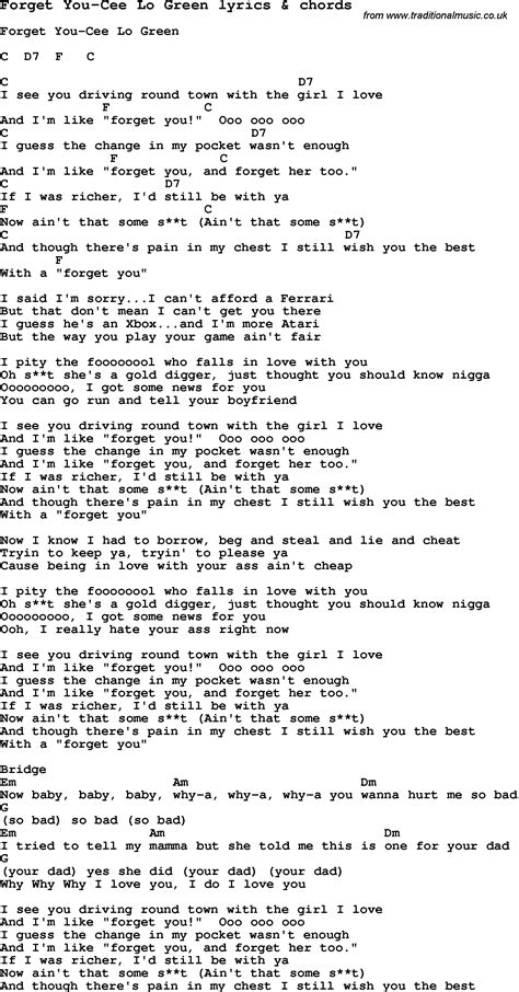 Love Song Lyrics For Forget You Cee Lo Green With Chords