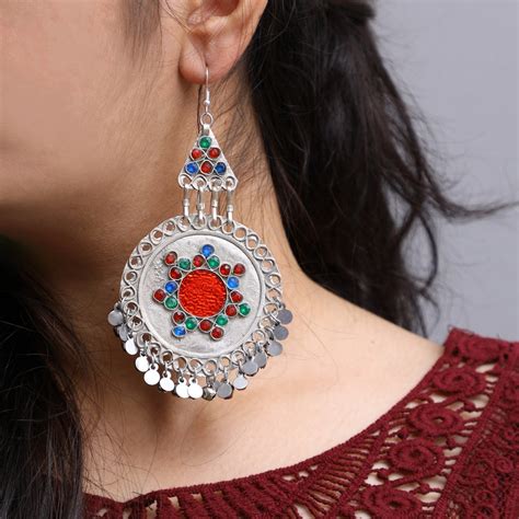 Afghan Earrings Big Vintage Tribal Silver Kuchi Glass Stone Jewelry