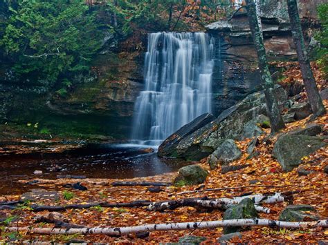 Waterfall Autumn Fallen Leaves Red Rock Trees Desktop