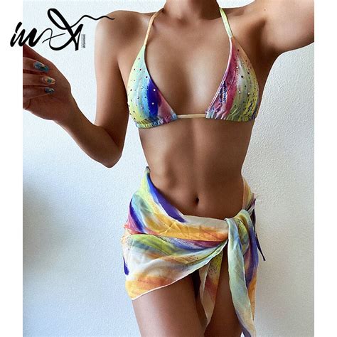 In X Sexy 3 Piece Swimsuit Women Mesh Wrap Bikini Set 2020 Push Up Micro Bikini Halter Diamond