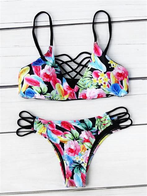 Calico Print Criss Cross Bikini Set Swimwear Bikinis Womens