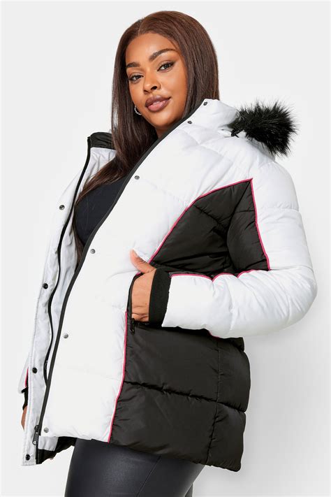 Yours Plus Size White And Black Colourblock Hooded Puffer Jacket Yours