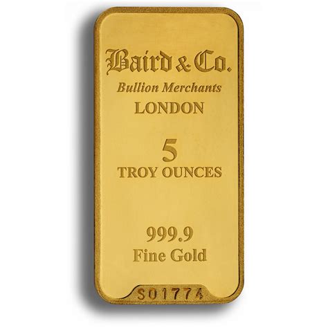 Baird And Co 5 Ounce Gold Minted Bar Bulish Gold