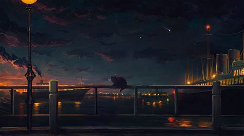 Anime Landscape Sky City Light Sky Sea Ship Wallpaper 3500x1969