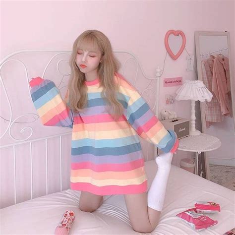 Korean Kawaii Style Girl Outfits🦄 🔍product Name Korean Pastel Soft Girl Rainbow Tee 🛒available