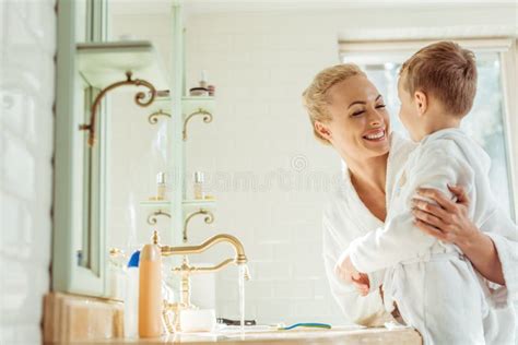 Mother And Son In Bathroom Stock Image Image Of Beauty