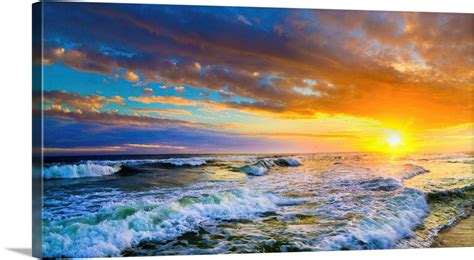 Red Sunset Panorama Red Ocean Sunset With Waves Wall Art Canvas Prints