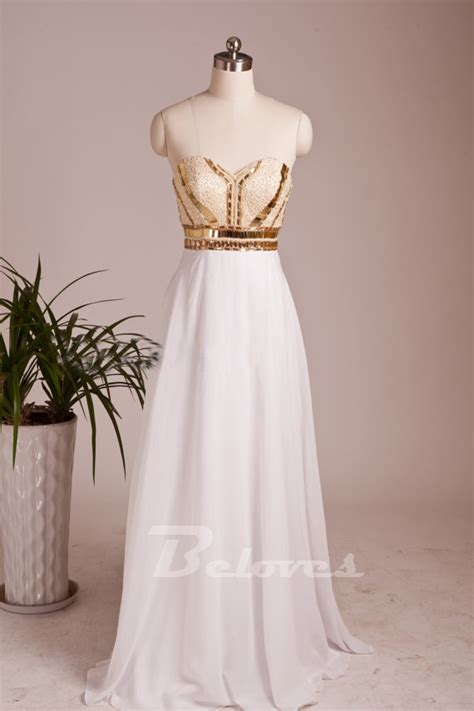 White Sweetheart Prom Dress With Beaded And Gold Sequins Bodice
