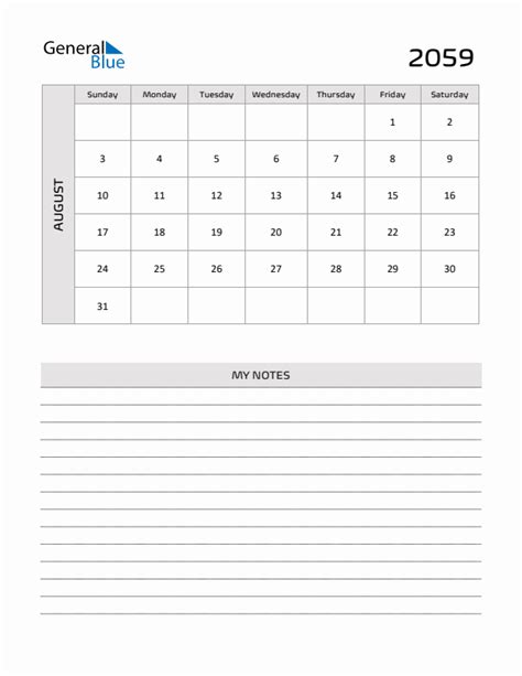 August 2059 Printable Monthly Calendar With Notes