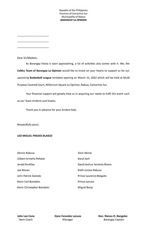 Basketball Solicitation Letter Republic Of The Philippines Province