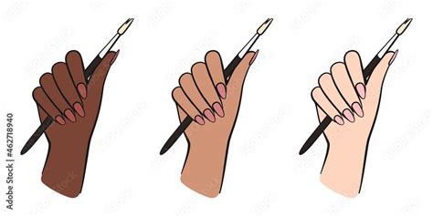 Female Hand With Acrylic Nail Brush Or Artist Paint Brush In Three Skin