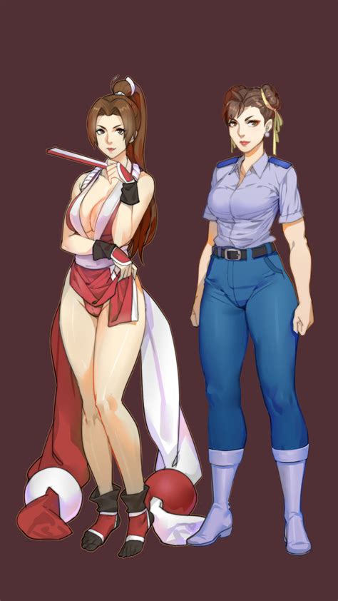 Chun Li Shiranui Mai Capcom Fatal Fury Street Fighter Highres 2girls Belt Breasts Brown