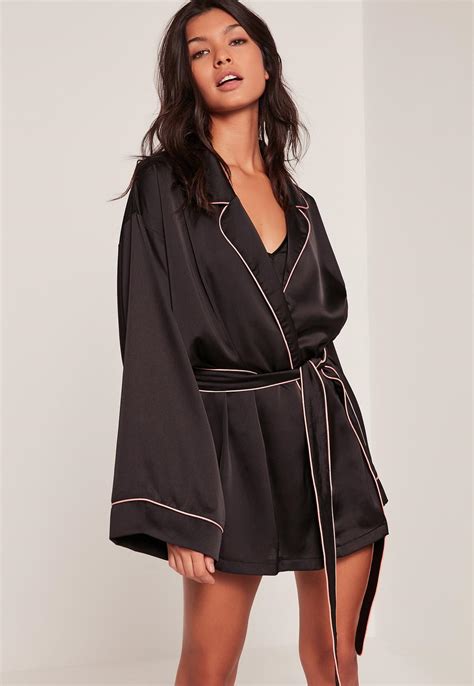 Missguided Black Kimono Piping Detail Silk Robe In Black Save 7 Lyst