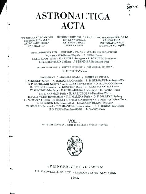 Cover Page Of Volume 1 Of Astronautica Acta In Yellow Color