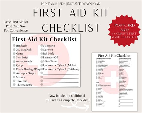 Printable First Aid Kit Checklist Postcard Size Complete Etsy First