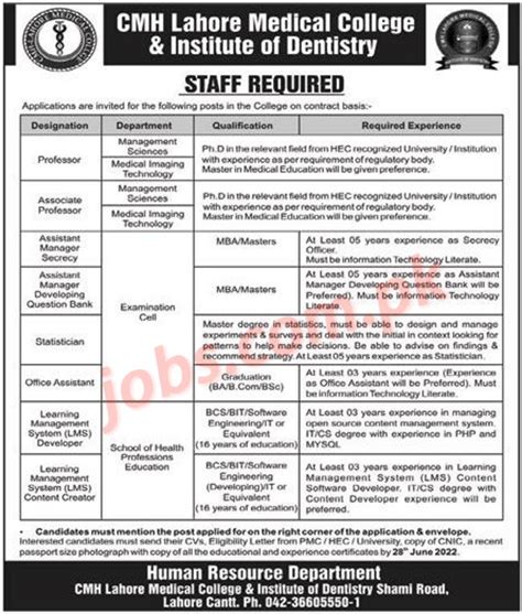 Cmh Lahore Medical College Jobs For Teaching Faculty Statistician