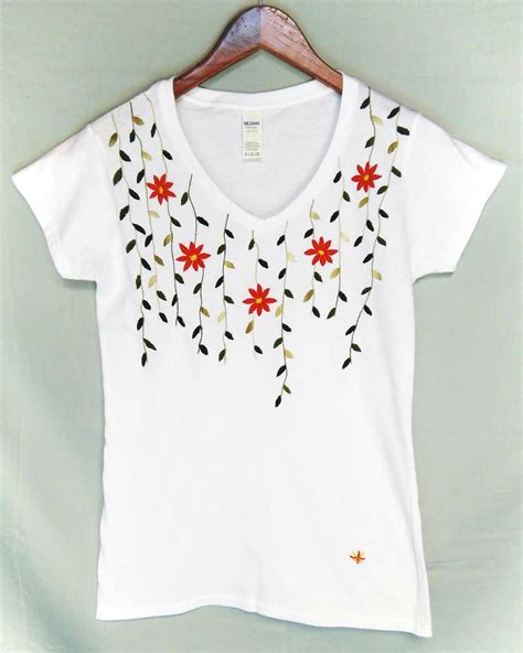 T Shirt Hand Embroidered Nature Flowers T Shirt Handmade Image 1
