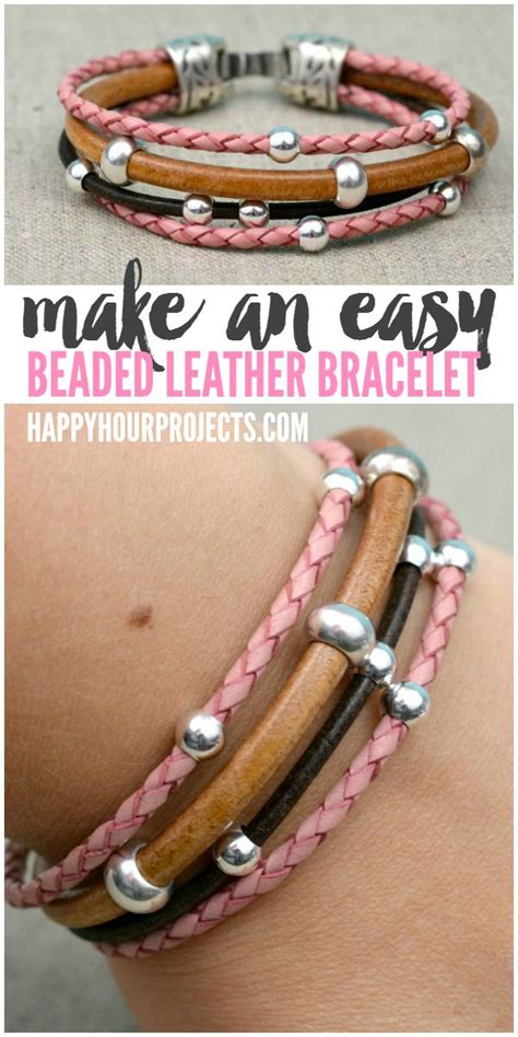 Learn to make a diy leather bracelet with fun fabric and stud embellishment. Easy Beaded DIY Leather Bracelet - Happy Hour Projects