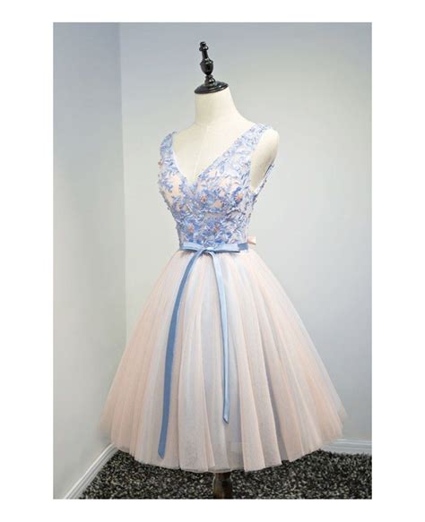 Special Ball Gown V Neck Short Tulle Homecoming Dress With Appliques