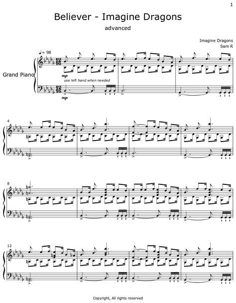 Believer Imagine Dragons Sheet Music For Piano