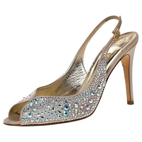 Gina Beige Satin Crystal Embellished Slingback Sandals Size 40 For Sale At 1stdibs