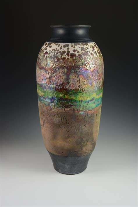 Thrown And Textured Raku Vase 22 Tall With Multiple Layers Of Slip