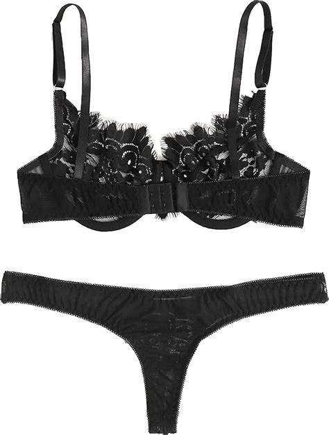 Lilosy Sexy Underwire Push Up Floral Lace Mesh Sheer Lingerie Set See Through Bra