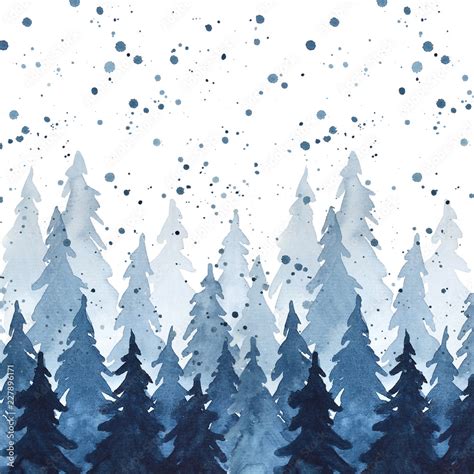 Watercolor Indigo Blue Pine Trees And Snowfall Christmas And New Year
