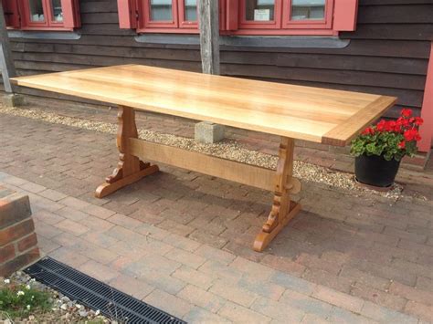 Dining Table With 1950s Ercol Trestles And New Oak Top And Stretcher