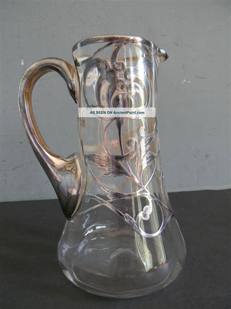Antique Glass Pitcher With Sterling Silver Overlay