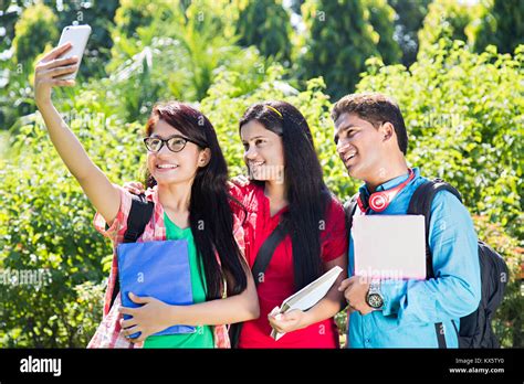 3 Indian College Friends Students Standing Park Self Portrait Mobile