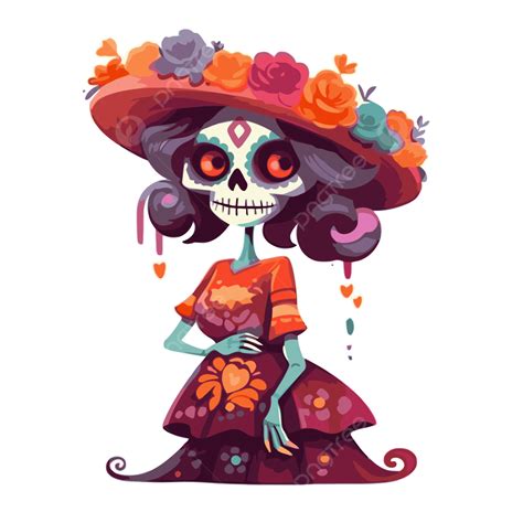 Catrina Clipart Dama De Dibujos Animados Con Flores Y Sombrero Rojo