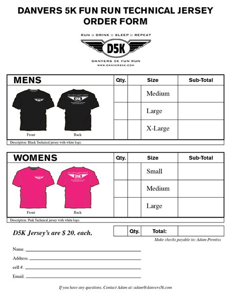 Printable Shirt Order Form