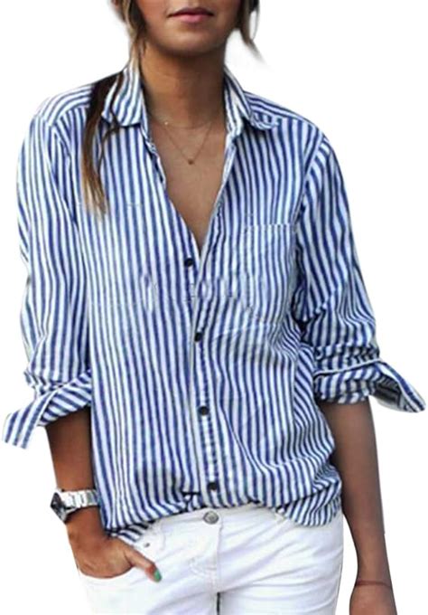 skyblue uk womens striped blouse casual button down long sleeve t shirt tops blue uk