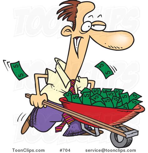 Cartoon White Business Man Pushing A Wheelbarrow Full Of Cash 704 By