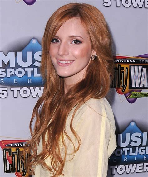 Bella Thorne Long Wavy Copper Brunette Hairstyle With Side Swept Bangs