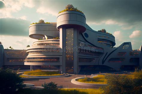 Futuristic School Design Illustration With Lecturer Robot Back To