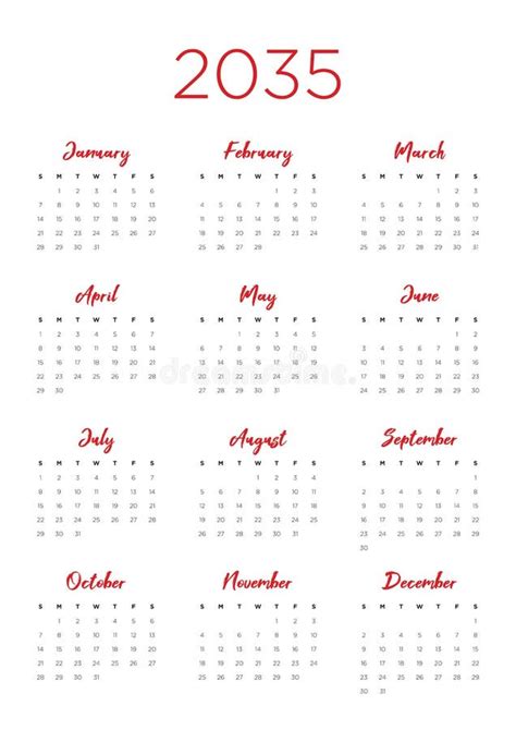 2035 Calendar With The Weeks Start On Monday Stock Vector