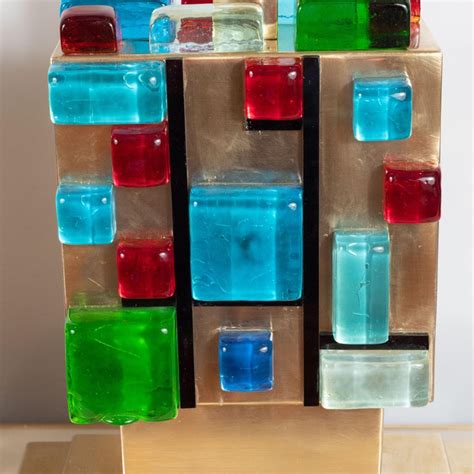 Pair Of Multi Colored Murano Glass And Brass Geometric Square Lamps Italy For Sale At 1stdibs