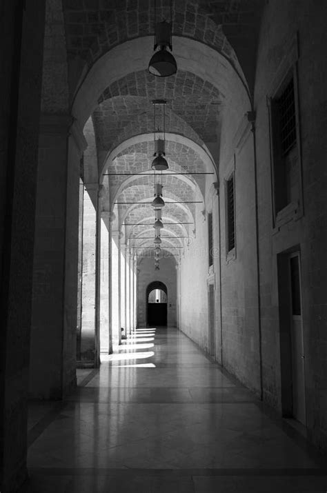 Black And White Stone And Marble Old Building Corridor Stock Photo
