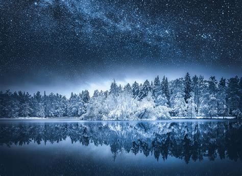 Nature Landscape Snow Milky Way Lake Starry Night Water