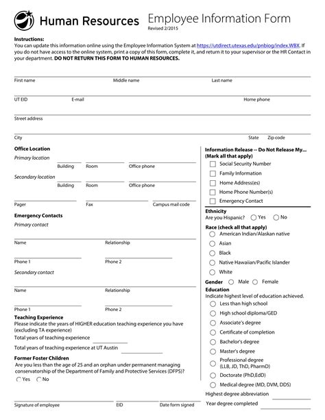 Basic Template Printable Employee Information Form