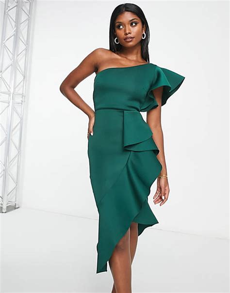 True Violet One Shoulder Ruffle Midi Dress In Emerald Asos