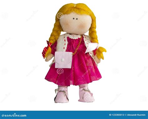 Handmade Doll Of Blonde Girl In Red Dress In Isolated On White