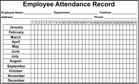 Monthly Employee Attendance 2020 Calendar Template Printable