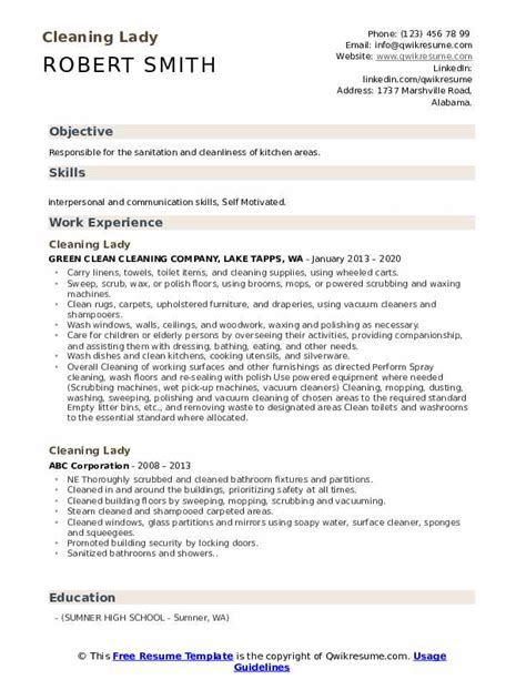 The job duties include performing summary : Cleaning Lady Resume Samples | QwikResume
