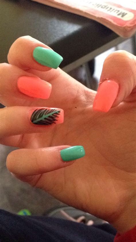 Bright Coral And Turquoise Nails With A Feather For Summer I Love Gel