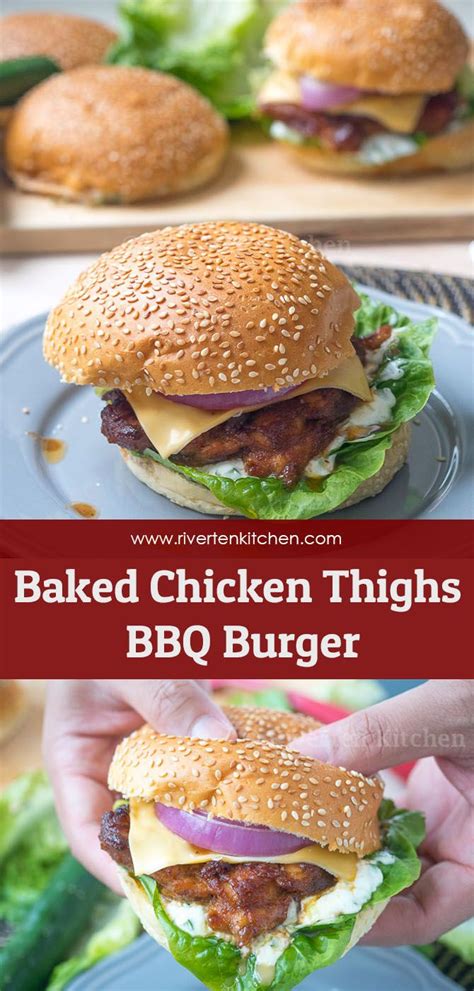 This recipe was originally published april 2009 and updated march 2020, to include a new printable recipe page, nutritional information and an alternate, oven baked method. Baked BBQ Chicken Thighs Burger | Recipe (With images) | Baked bbq chicken, Baked bbq chicken ...