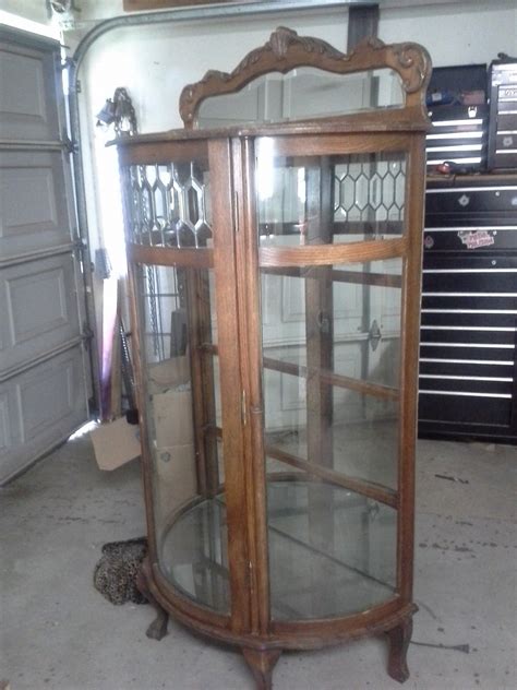 Antique Solid Oak Curved GlassÂ Curio Cabinet Claw Feet Leaded